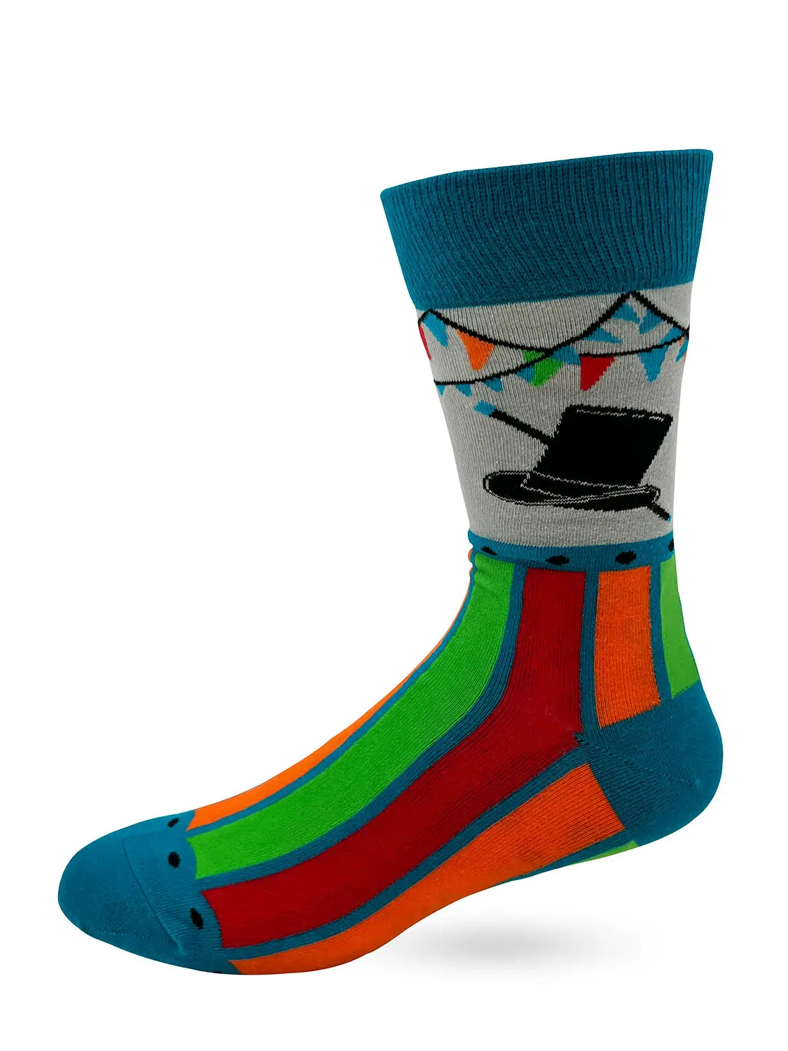 Colorful men's crew socks with top hat and pennant design, featuring the phrase "Ringmaster of the Sh** Show" for a humorous, bold look
