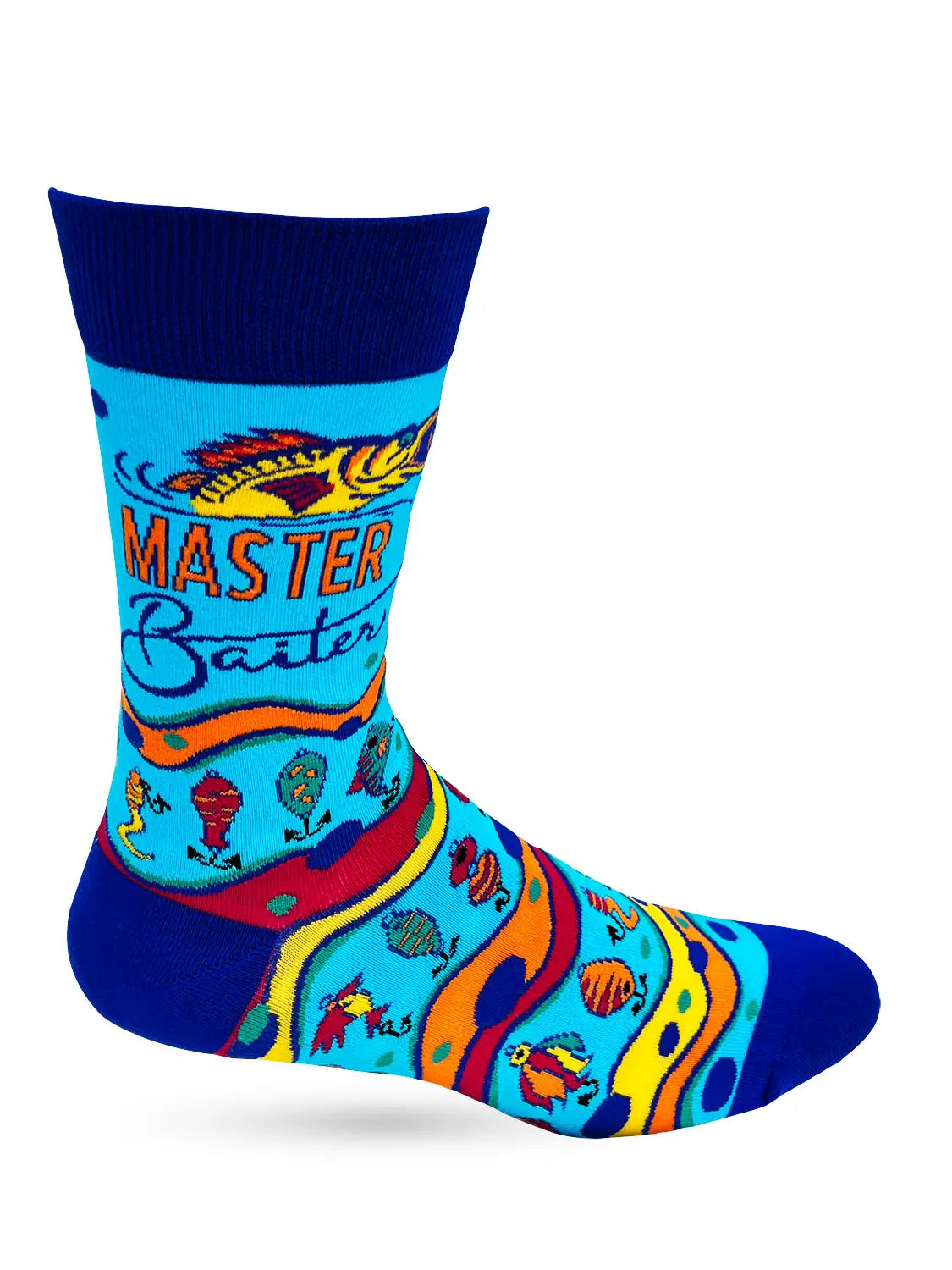 Master Fisherman men's novelty crew socks in blue with "Master Baiter" fishing pun and colorful aquatic design.