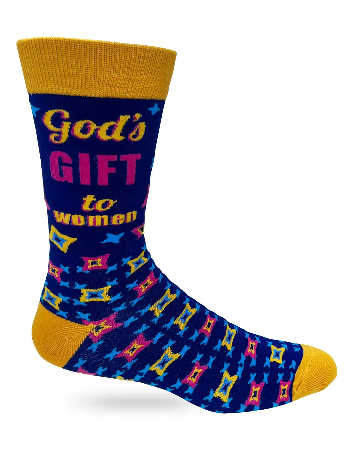 Men's novelty crew sock in blue with yellow cuff and toe, featuring colorful stars and bold text "God's Gift to Women" design