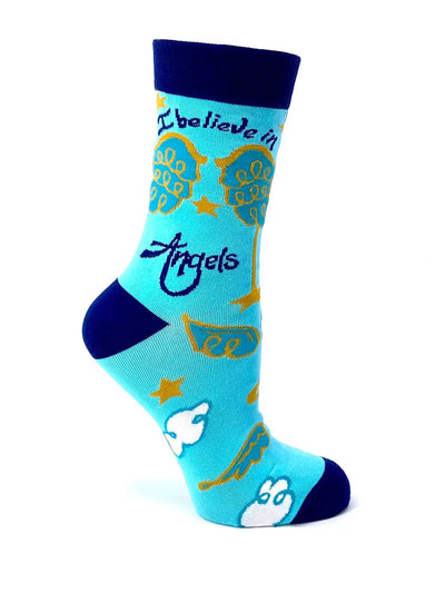 Women's crew socks in blue with "I Believe in Angels" text and angel wing designs, soft cotton blend for comfort