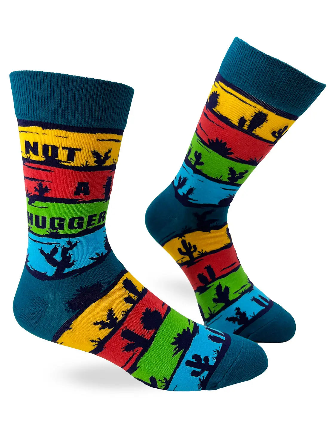 Men's novelty crew socks with colorful stripes and cactus design featuring "Not A Hugger" text