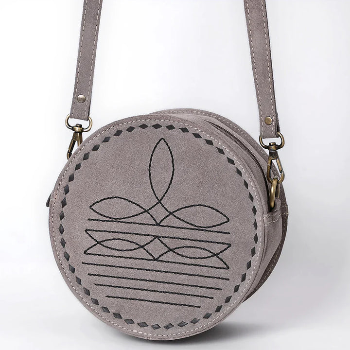 American Darling Canteen Bag in genuine suede leather with adjustable strap and antique finish metal fittings.