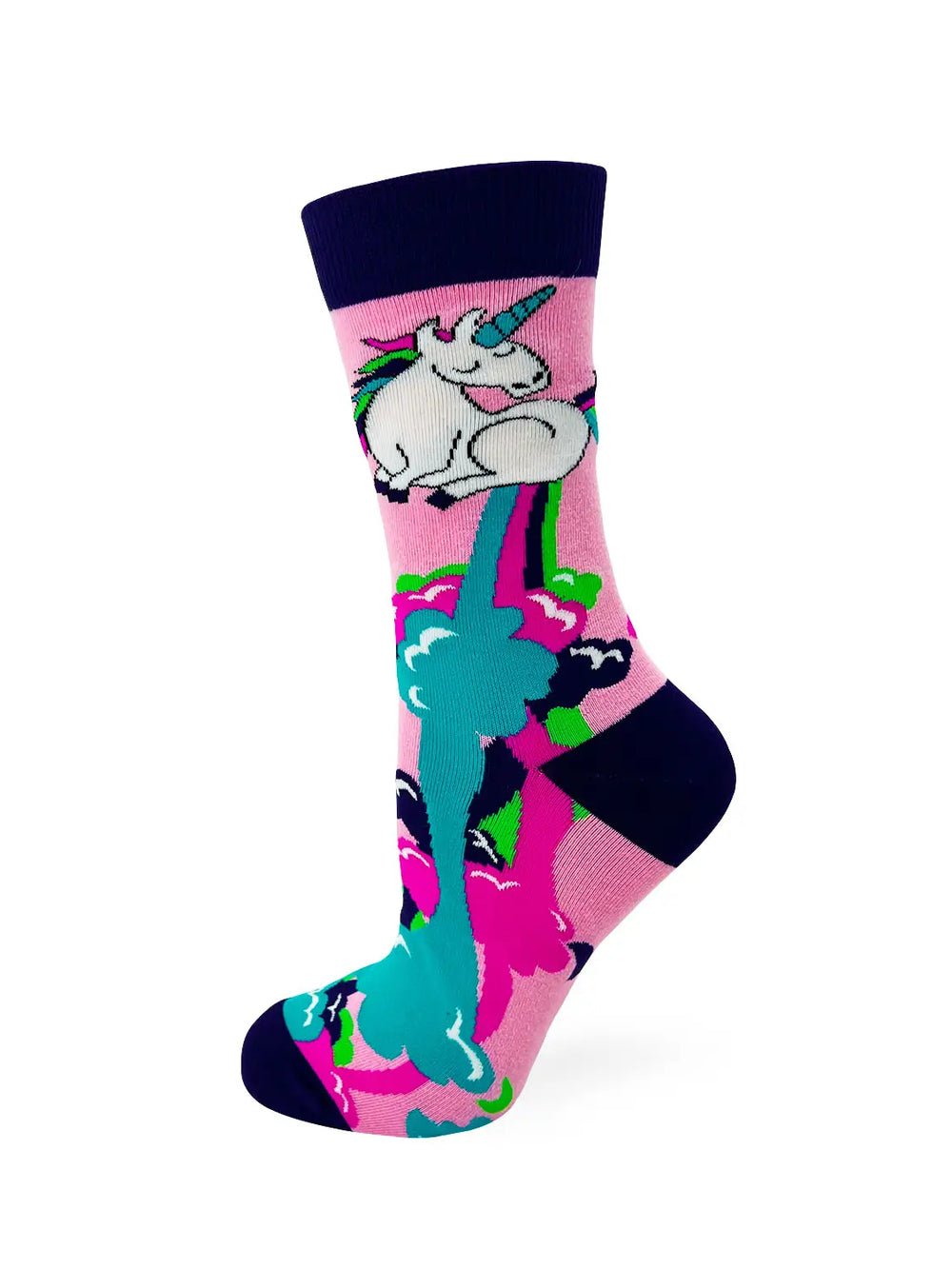 Women's crew socks with "I Never Fart My A** Blows Kisses" humorous unicorn design, soft cotton blend, bold and sassy style.