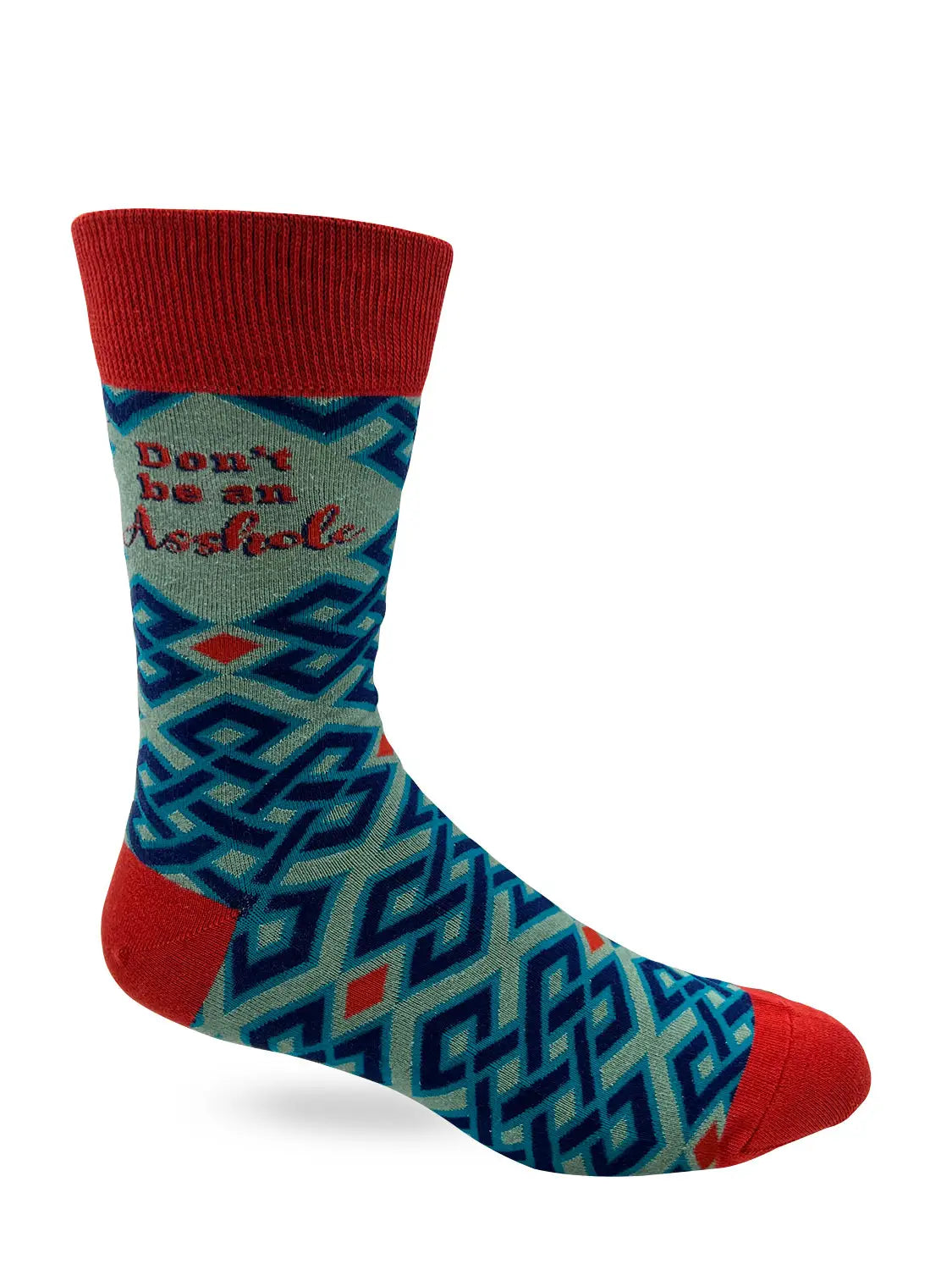 Men's novelty crew sock with bold "Don't Be An A**hole" phrase, blue geometric pattern, and red accents, fits men's shoe size 7-12.