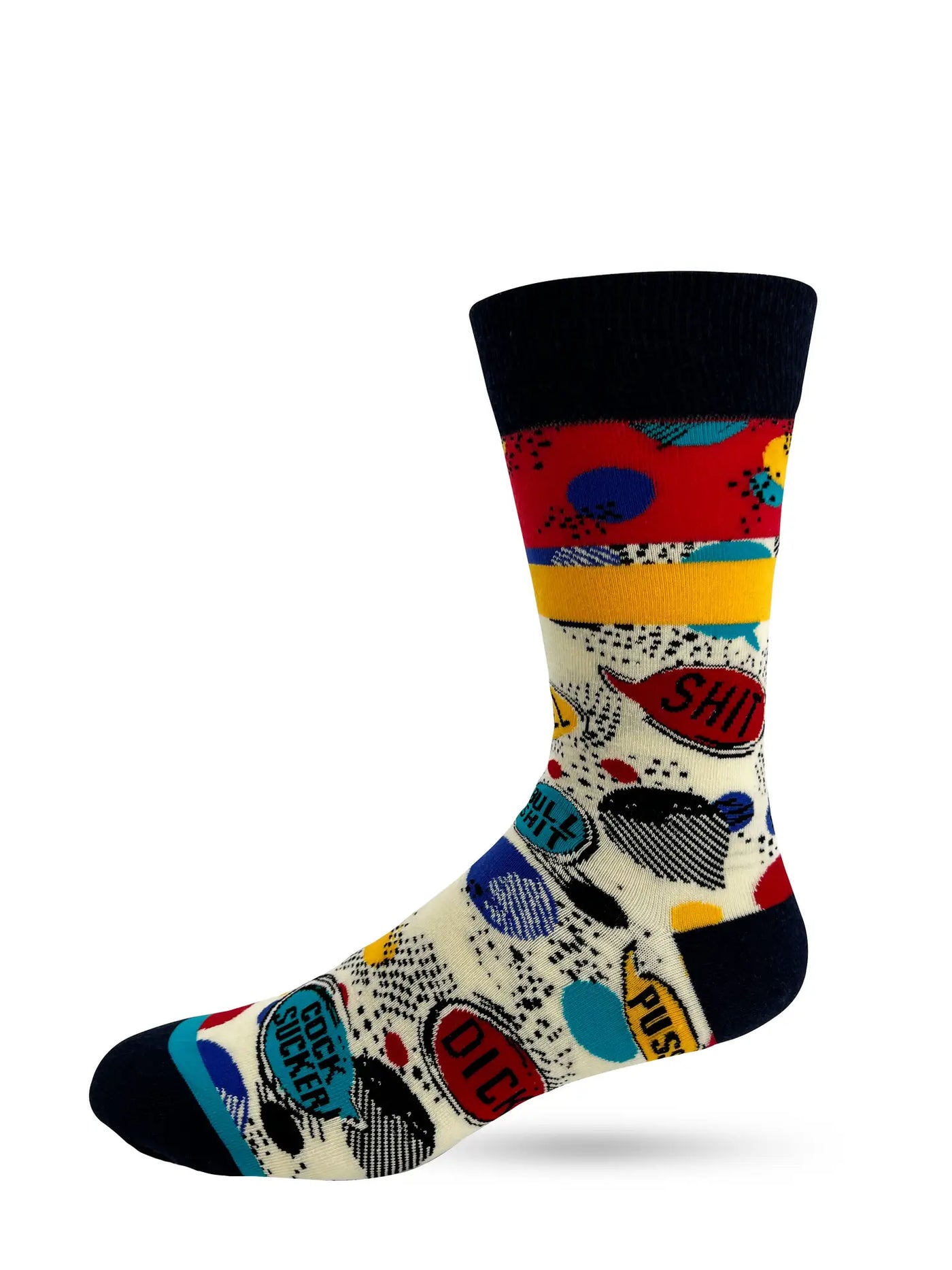 Men's novelty crew sock with colorful swearing phrases and bold design, fits shoe size 7-12, comfortable daily wear