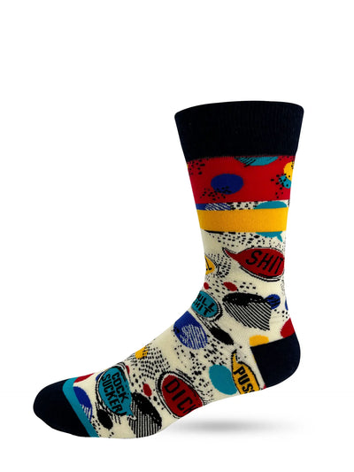 Men's novelty crew sock with colorful swearing phrases and bold design, fits shoe size 7-12, comfortable daily wear