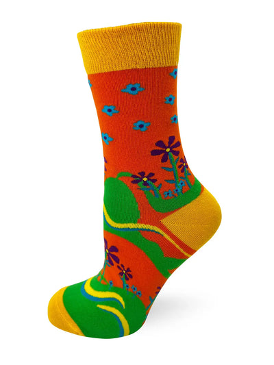Colorful women's crew sock with floral design and bold "Have A Nice F***ing Day" message, size 5-10, cotton blend