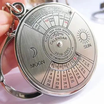 Silver 50 Year Perpetual Calendar keychain with sleek black background and durable alloy design