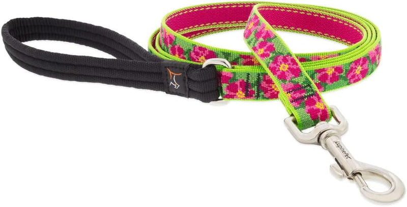 3/4in Petunias 6ft leash with vibrant pink floral pattern on green background and black padded handle