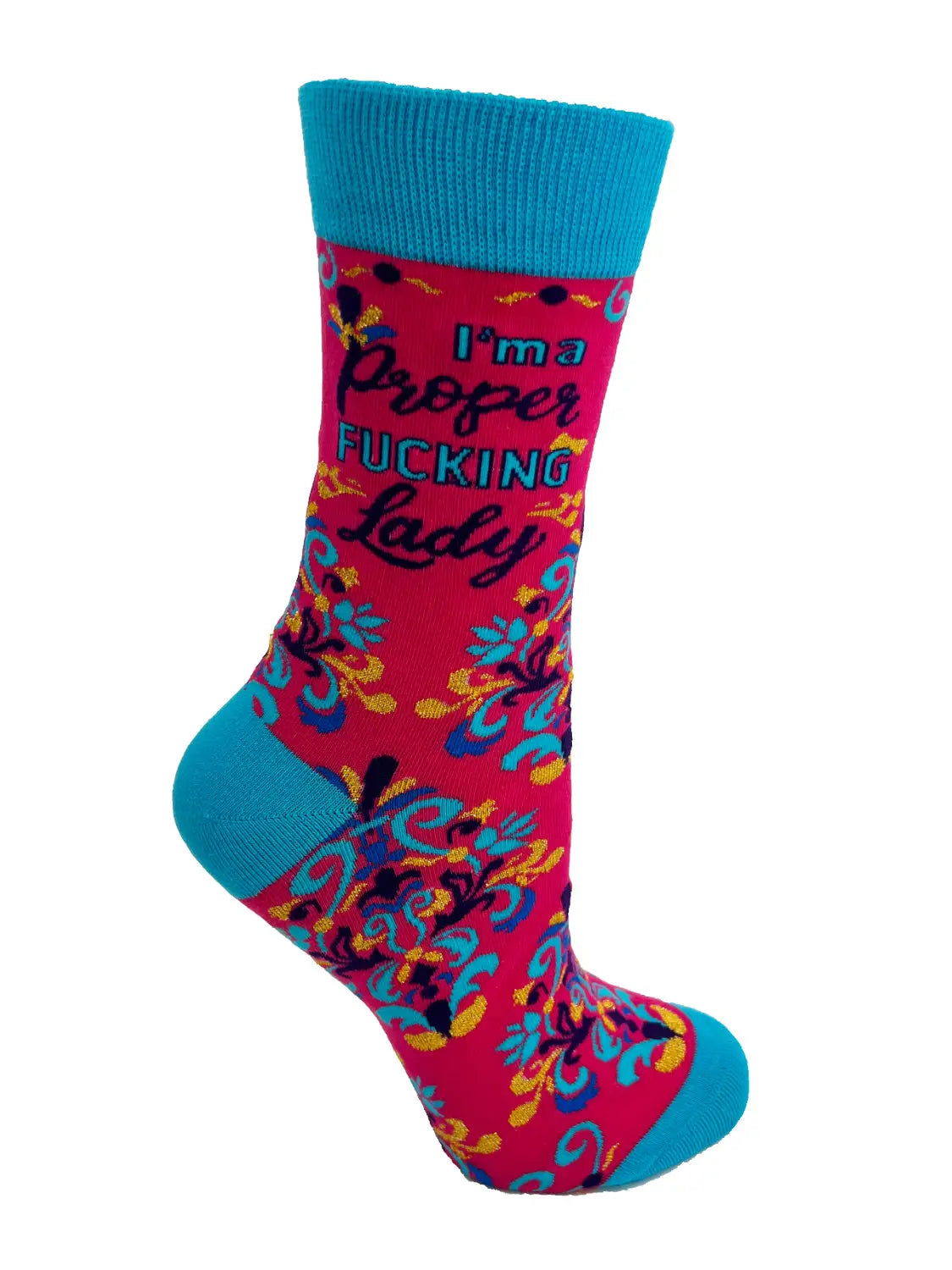 Women's crew sock in red and blue with floral design and bold "I'm a Proper F***ing Lady" text