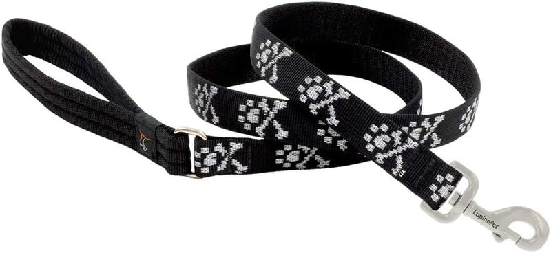 1in Bling Bonz 6ft black dog leash with white paw print design and metal clip