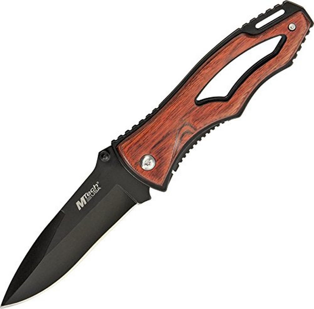 Linerlock tactical folding knife with black 440 stainless steel blade and brown pakkawood skeletonized handle with pocket clip