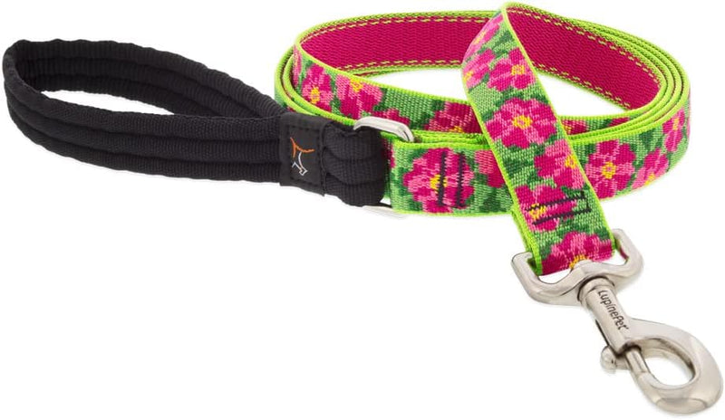 1in Petunias 6ft leash with pink floral pattern and padded black handle