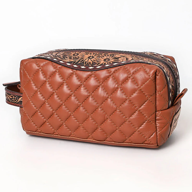 American Darling Toiletry Bag ADBG1575A handcrafted quilted leather toiletry bag with floral embossed design and removable strap