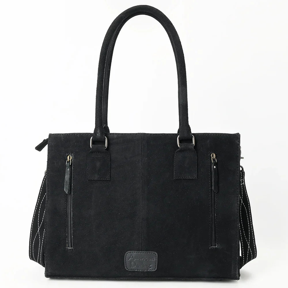 American Darling Tote ADBG1553B made of genuine suede and full-grain leather with antique metal fittings and adjustable strap.