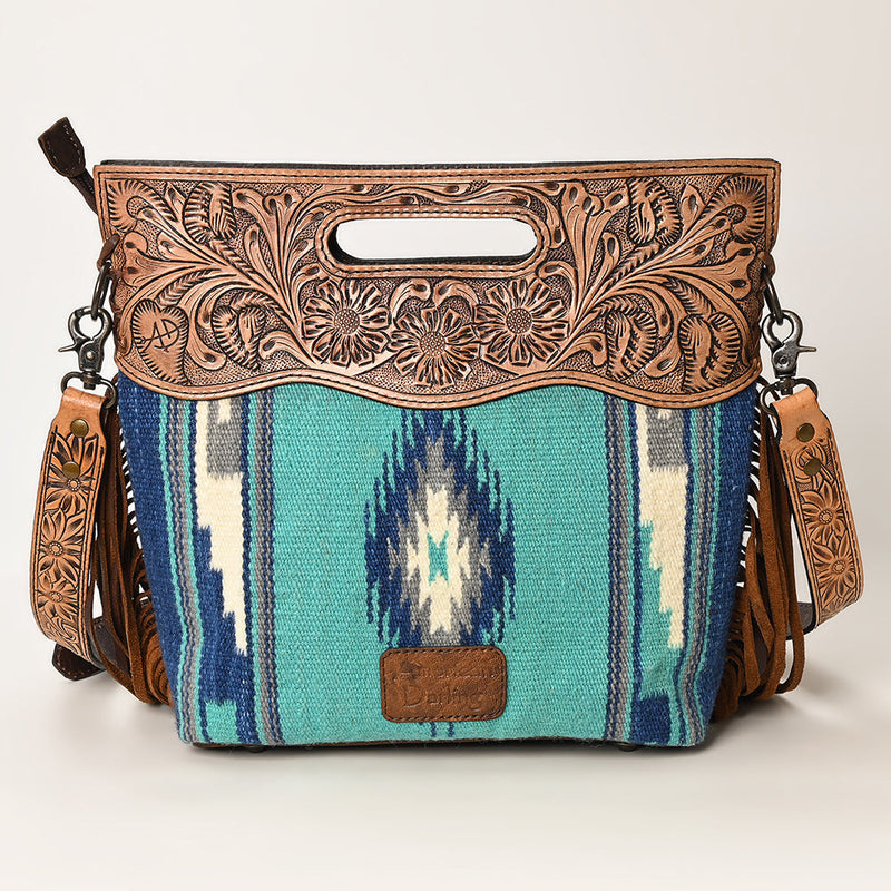 American Darling Clutch Handbag ADBGS146P with hand-tooled leather, woven wool saddle blanket, leather fringes, adjustable cowhide strap, and durable YKK zipper
