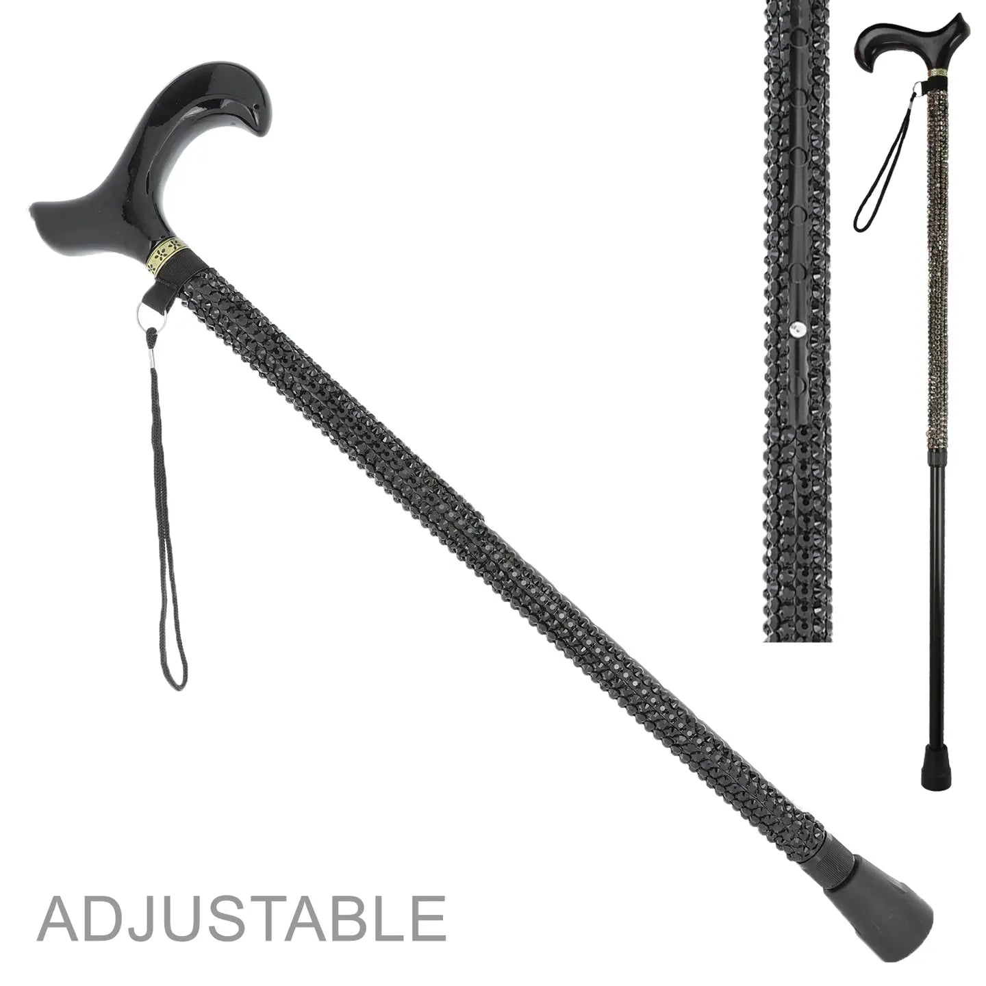 Adjustable black walking cane with sparkling rhinestone embellishments and ergonomic handle for stylish support and balance.