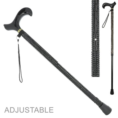 Adjustable black walking cane with sparkling black rhinestone embellishments and ergonomic handle for stylish support and balance.