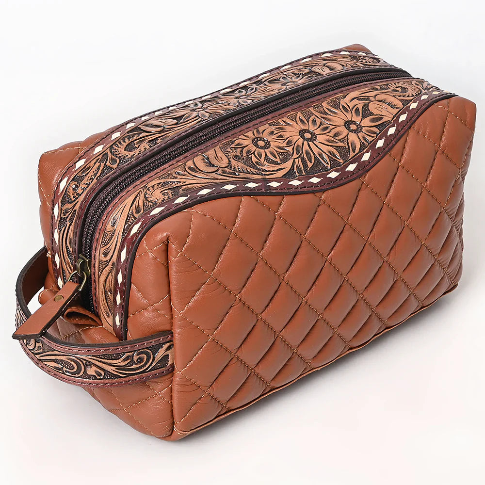 American Darling Toiletry Bag handcrafted from soft genuine cowhide leather with quilted and floral embossed design