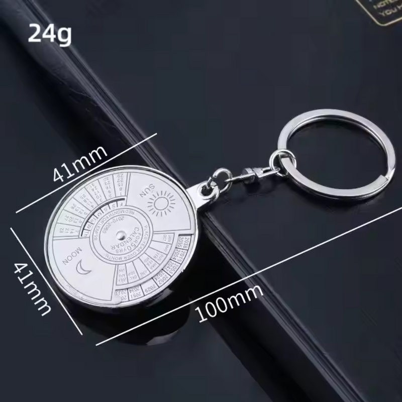 Silver 50 Year Perpetual Calendar keychain with sleek black background and detailed calendar design