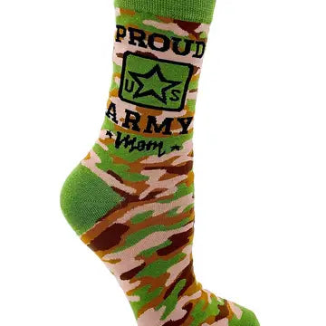 Proud US Army Mom women's crew socks with camouflage design and bold lettering