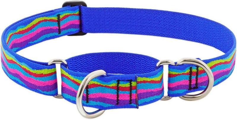 Ripple Creek 15-22 inch adjustable martingale dog collar with vibrant blue and colorful wave pattern design.
