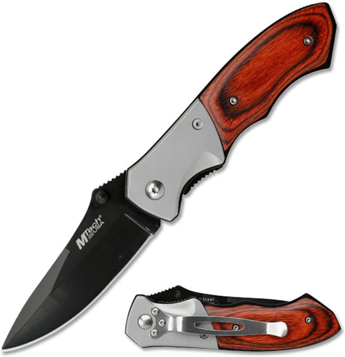 Linerlock Tactical Folding Knife – Stainless Blade, Wooden Handle MT411