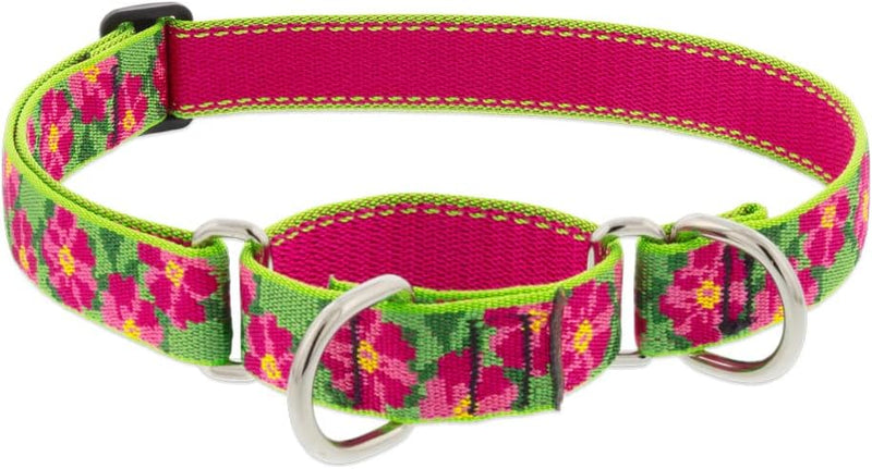 Adjustable 1in Petunias martingale dog collar with pink floral pattern and aqua accents, 19-27in length