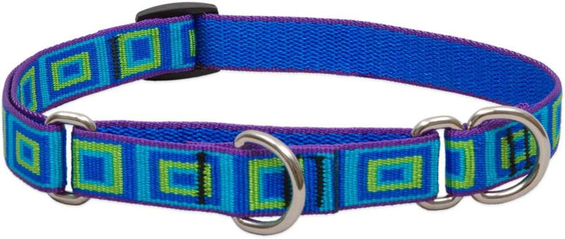 3/4in Sea Glass 10-14in adjustable martingale dog collar with blue and green geometric pattern