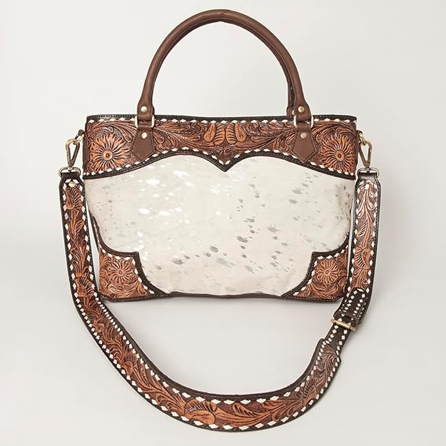 American Darling Tote with hand-tooled floral leather, white whipstitch trim, detachable shoulder strap, and secure zipper closure
