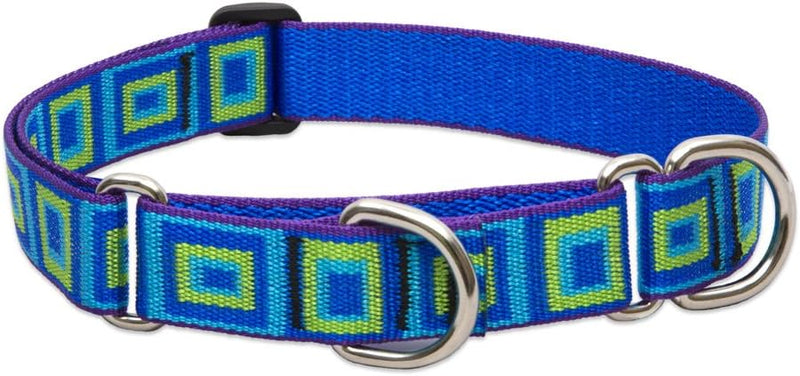 Adjustable 1-inch Sea Glass 19-27 inch length vibrant blue and green patterned Martingale dog collar with metal rings.