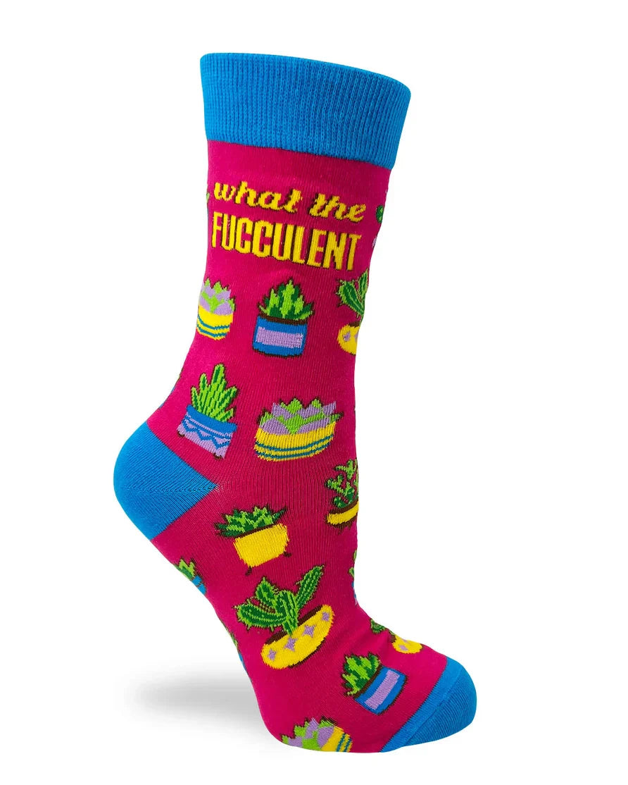 Bright pink women's crew sock with blue cuff, heel, and toe, featuring colorful potted succulent plants and "what the fucculent" text.