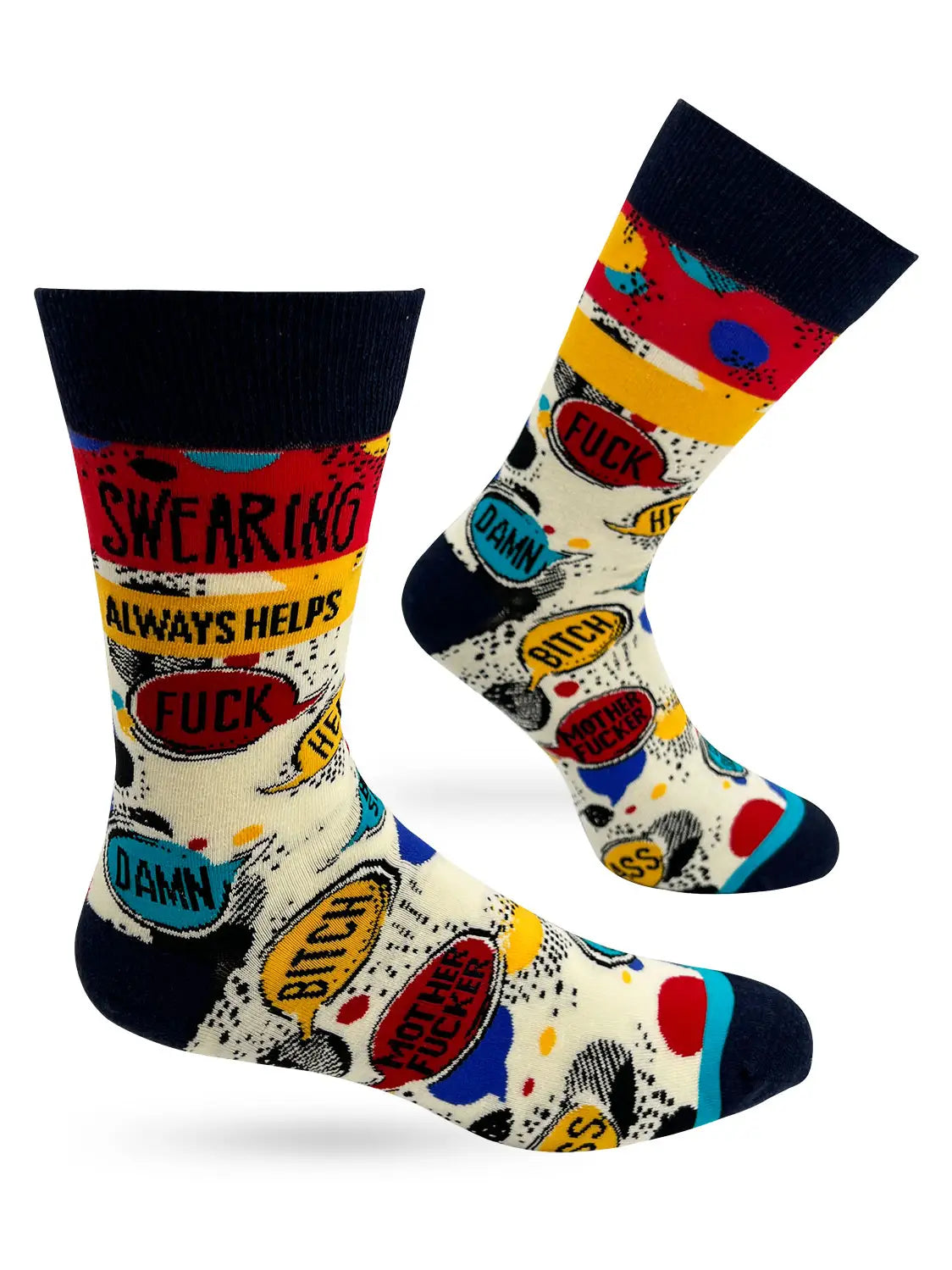 Men's novelty crew sock with colorful swear words and bold 