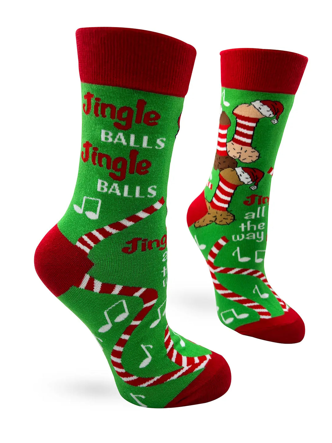 Green and red women's novelty holiday socks with cheeky "Jingle Balls" text and festive design featuring striped legs and musical notes, sized for shoe 5-10, made of cotton blend.