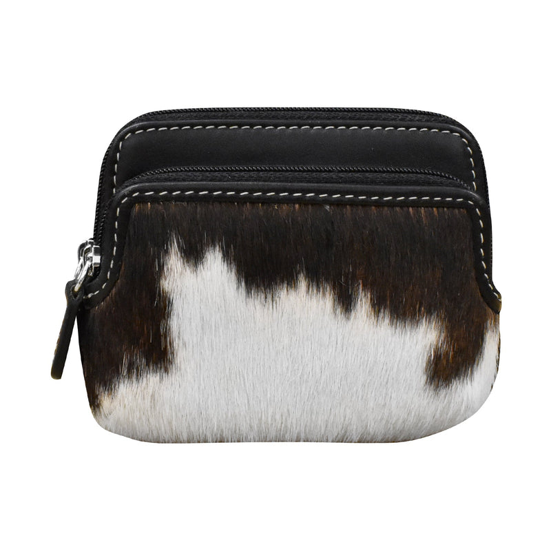 Double Zip Change Purse in haircalf leather with two zippered compartments.