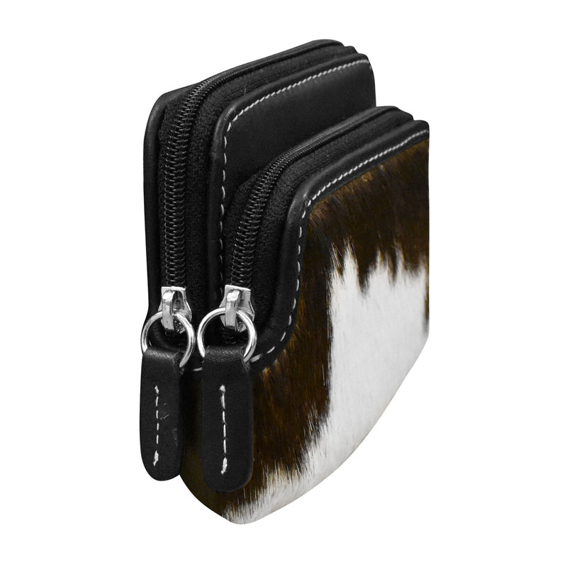 Double Zip Change Purse in premium haircalf leather with turquoise color, featuring two zippered compartments.