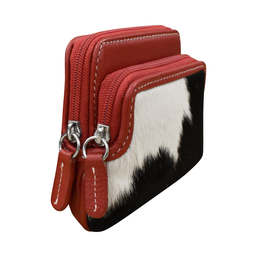 Double Zip Change Purse with haircalf leather and turquoise color, featuring dual zippers and RFID protection.