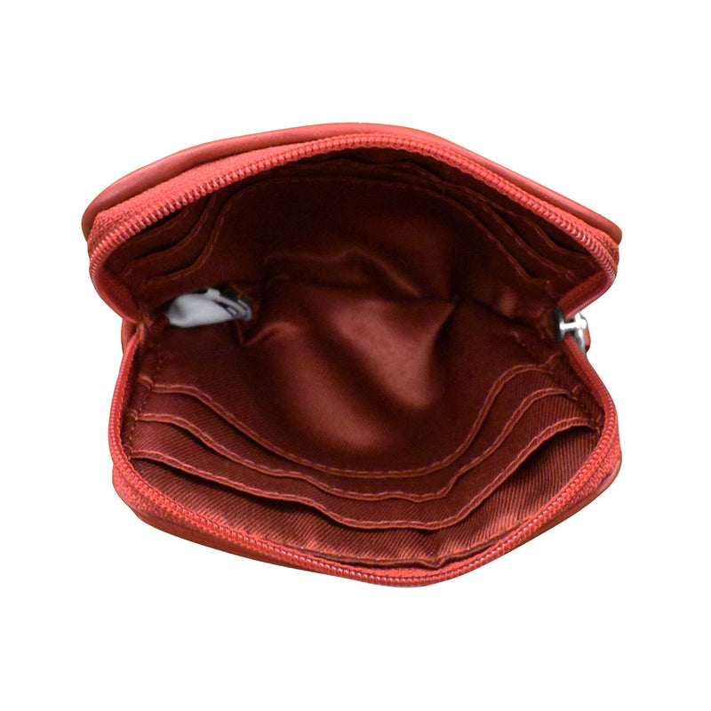 Double Zip Change Purse with compartments, card slots, and RFID protection in turquoise haircalf leather.
