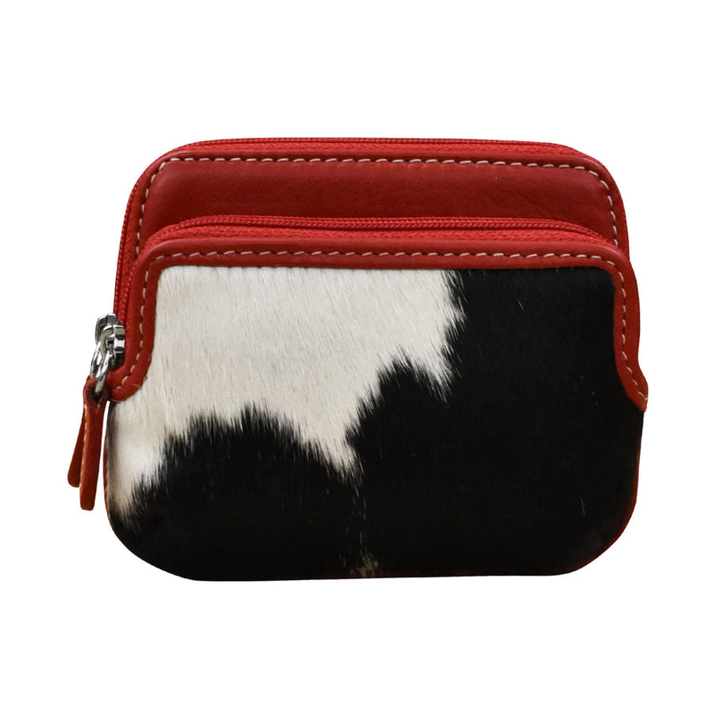 Double Zip Change Purse with premium haircalf leather, turquoise color, dual zippers, and RFID protection.