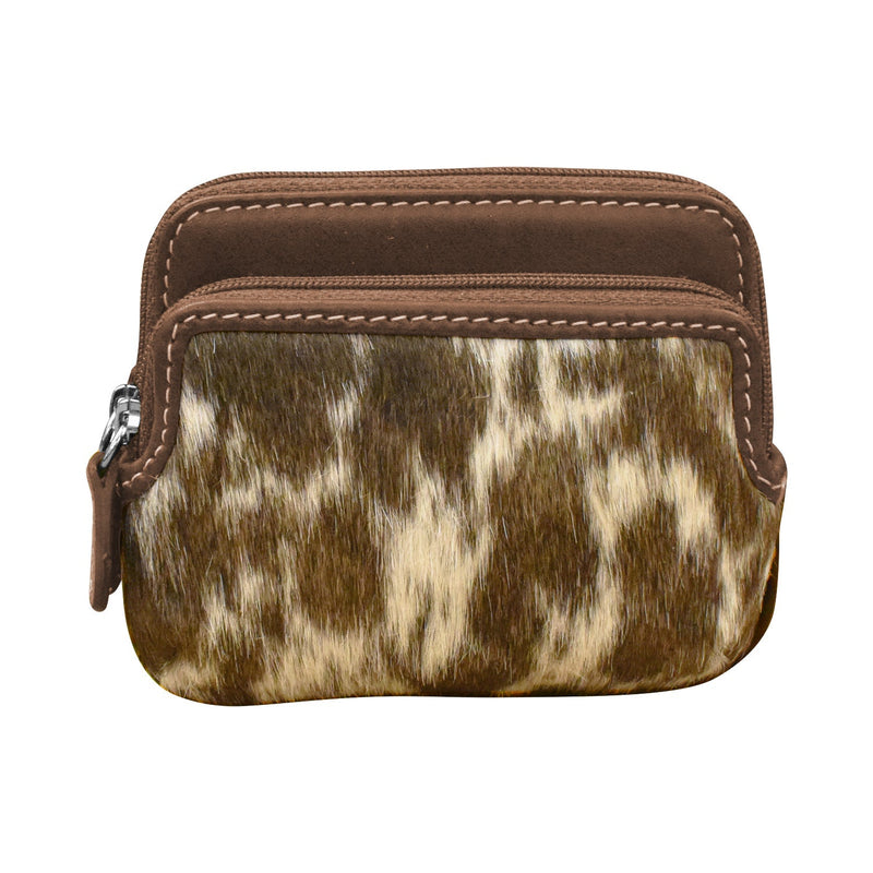 Stylish double zip change purse made from premium haircalf leather, featuring turquoise color and multiple compartments for organization.
