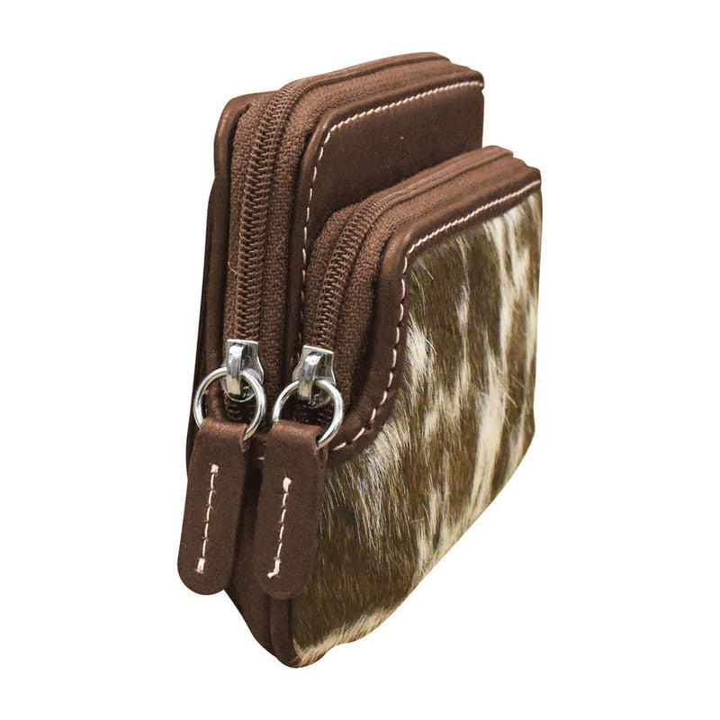 Double Zip Change Purse made of haircalf leather with two zippered compartments, turquoise color.