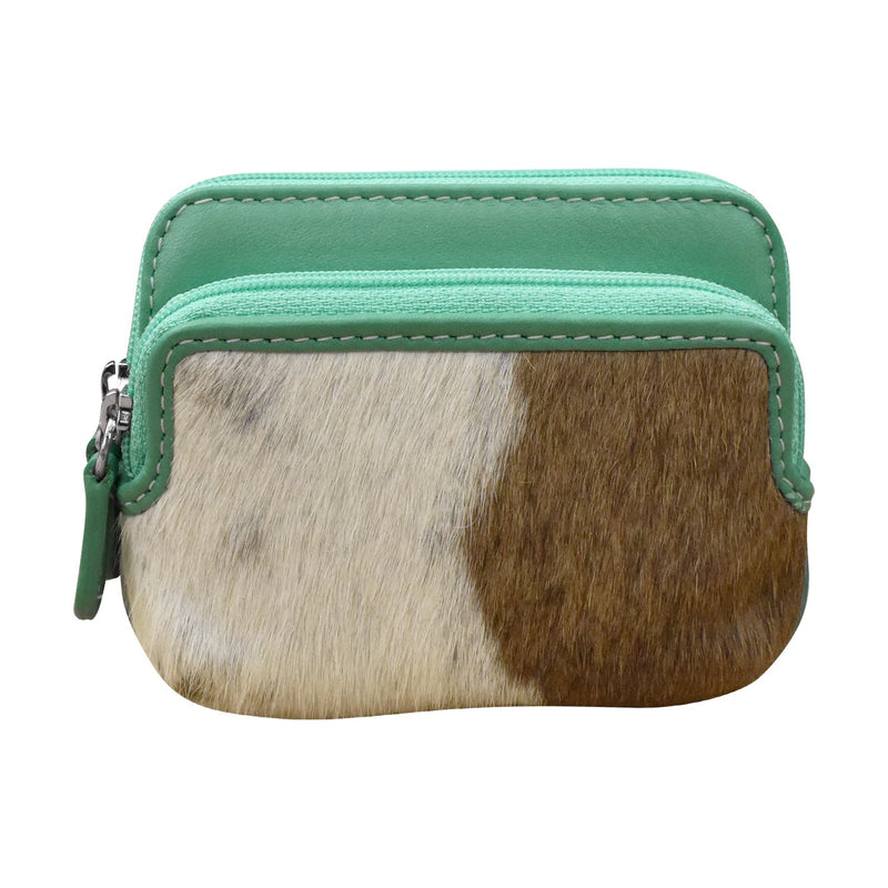 Stylish double zip change purse in turquoise haircalf leather with two compartments and RFID protection.