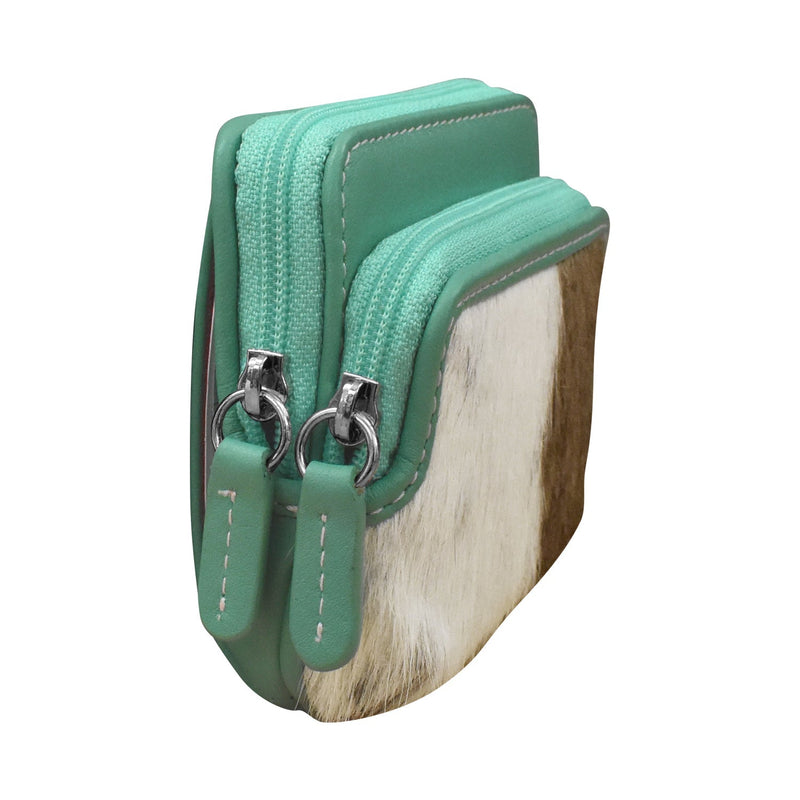 Stylish turquoise double zip change purse with haircalf leather and dual compartments.