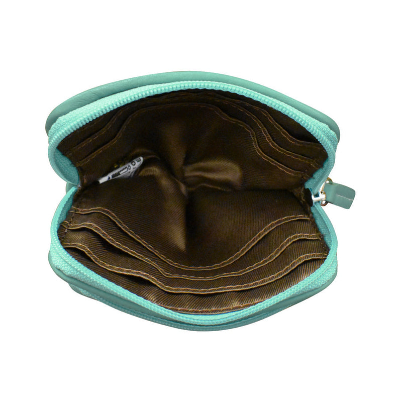 Turquoise double zip change purse with spacious brown interior and card slots.