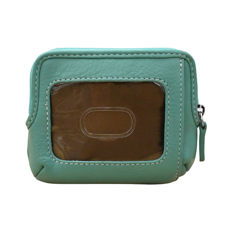 Turquoise double zip change purse with ID window and haircalf leather finish.