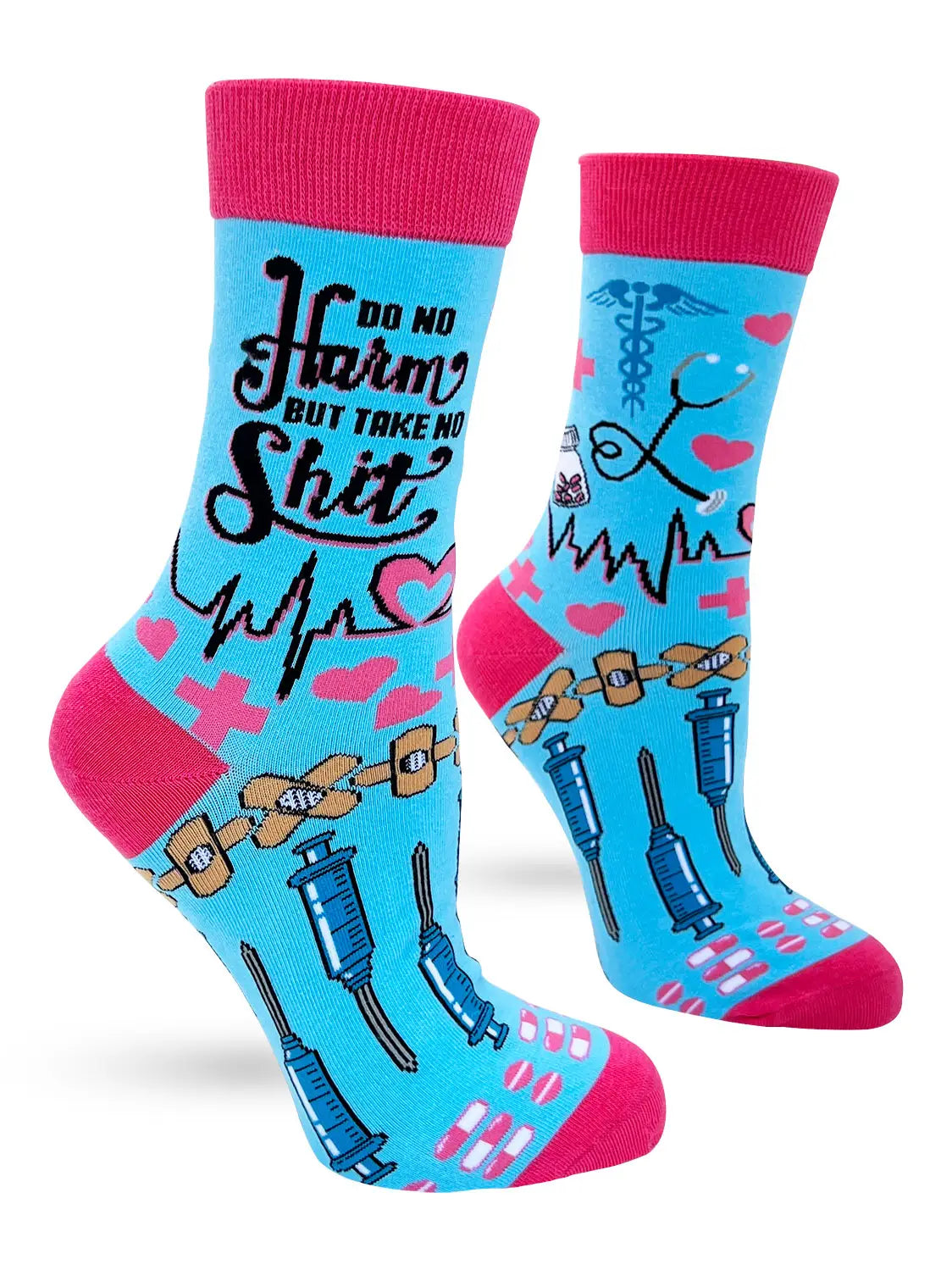 Do No Harm But Take No S*** women's crew socks with blue and pink nurse-themed design, breathable and comfortable, fits women's shoe sizes 5-10.