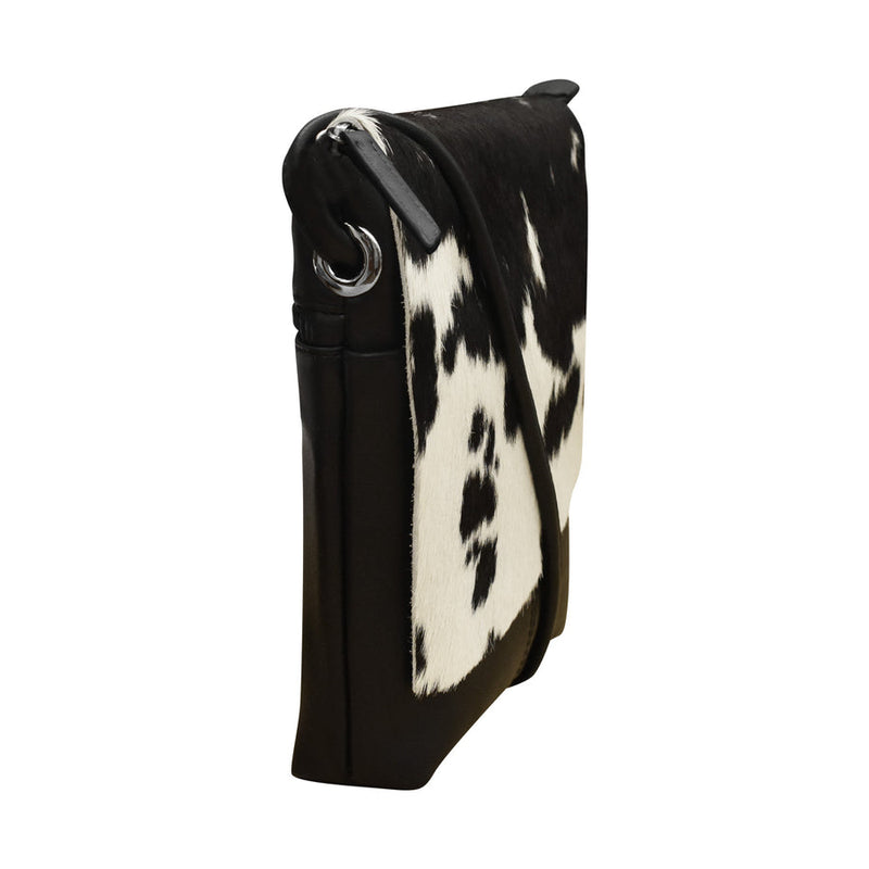 Small Canada Bag in black and white genuine leather with adjustable strap and RFID lining, compact and stylish for everyday use.
