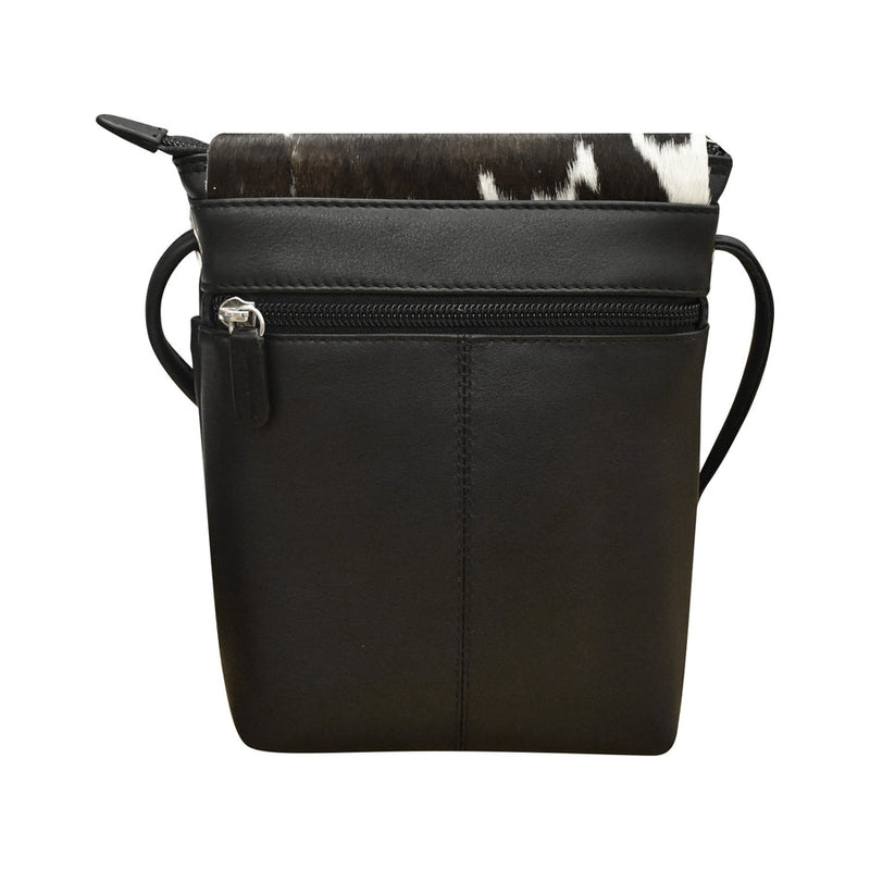 Small Canada Bag in black genuine leather with toffee haircalf accent, front and back zip pockets, adjustable strap, and RFID lining for secure daily use.