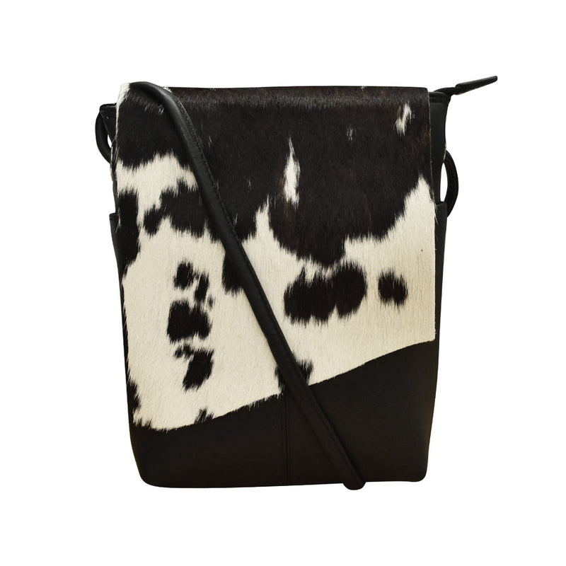 Small Canada Bag in genuine leather with black and white haircalf design and adjustable strap