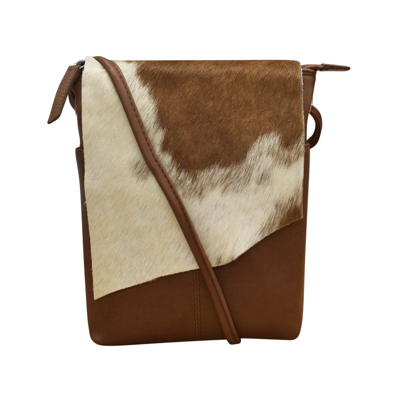 Small Canada Bag in genuine toffee leather with haircalf texture, adjustable strap, and secure RFID lining.